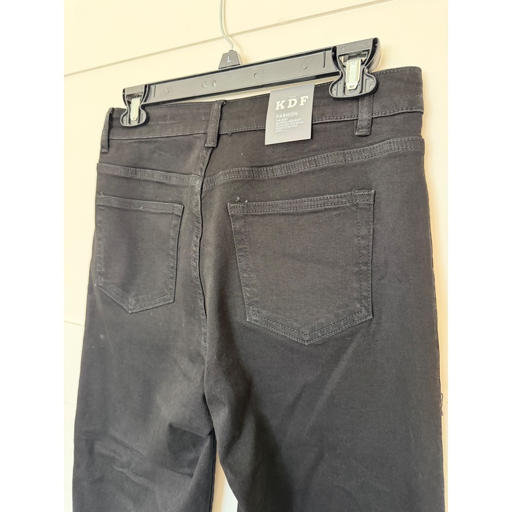 KDF Jeans Black Stretchy Denim Wide Leg Raw Hem Minimalist Cropped Fall US 6 - Picture 10 of 11